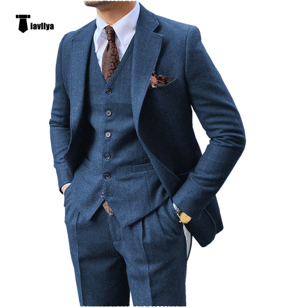 Tiavllya Tiavllya Vintage Classical 3 Pieces Mens Suit Herringbone Tweed Notch Lapel Tuxedos (Blazer+vest+Pants)