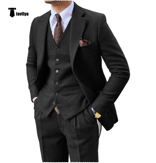 Tiavllya Tiavllya Vintage Classical 3 Pieces Mens Suit Herringbone Tweed Notch Lapel Tuxedos (Blazer+vest+Pants)