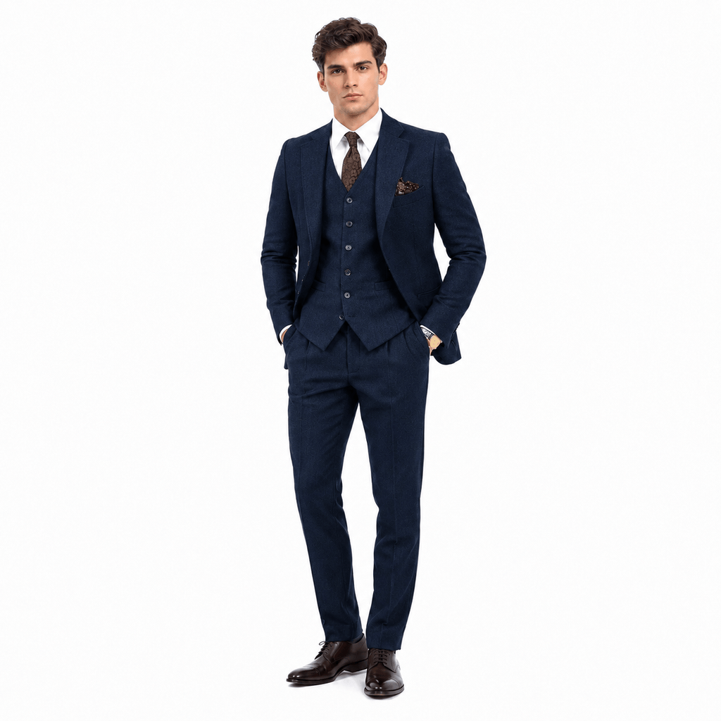 Tiavllya Tiavllya Vintage Classical 3 Pieces Mens Suit Herringbone Tweed Notch Lapel Tuxedos (Blazer+vest+Pants)