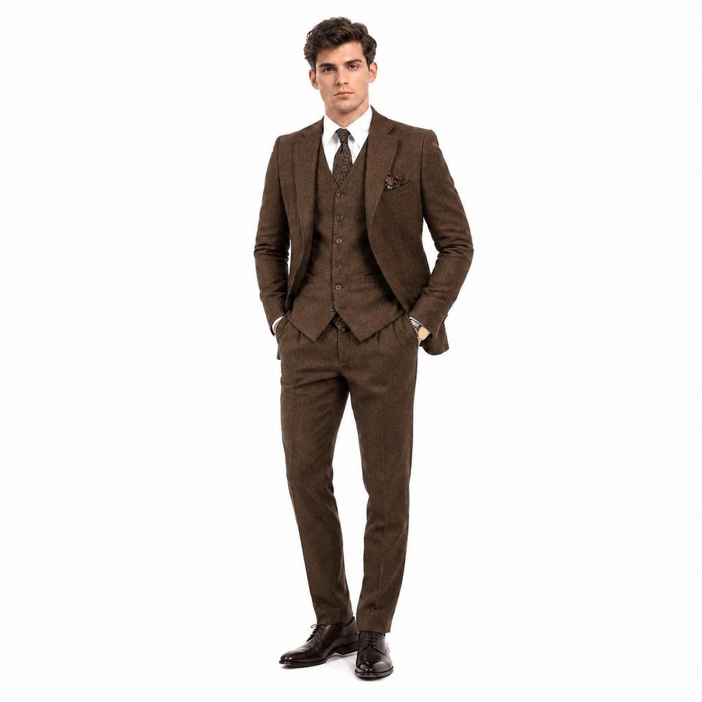 Tiavllya Tiavllya Vintage Classical 3 Pieces Mens Suit Herringbone Tweed Notch Lapel Tuxedos (Blazer+vest+Pants)