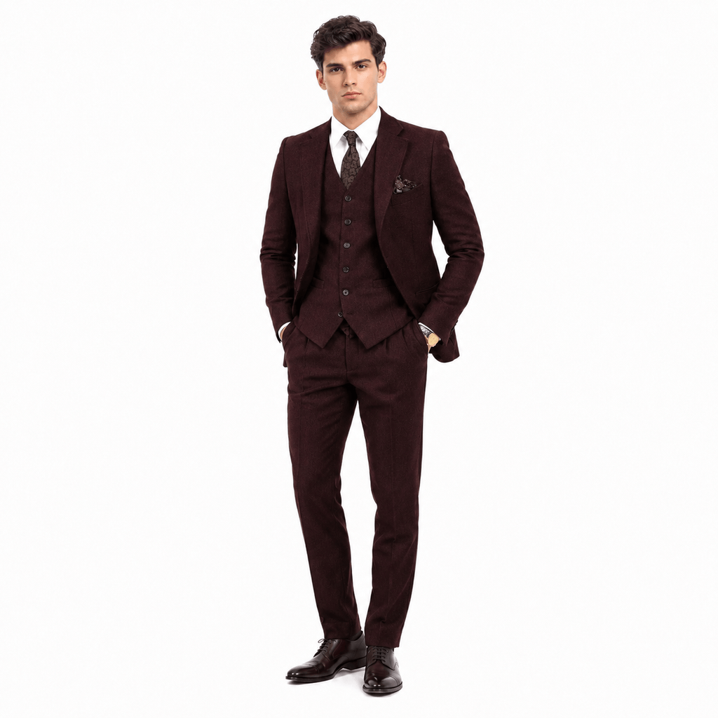 Tiavllya Tiavllya Vintage Classical 3 Pieces Mens Suit Herringbone Tweed Notch Lapel Tuxedos (Blazer+vest+Pants)