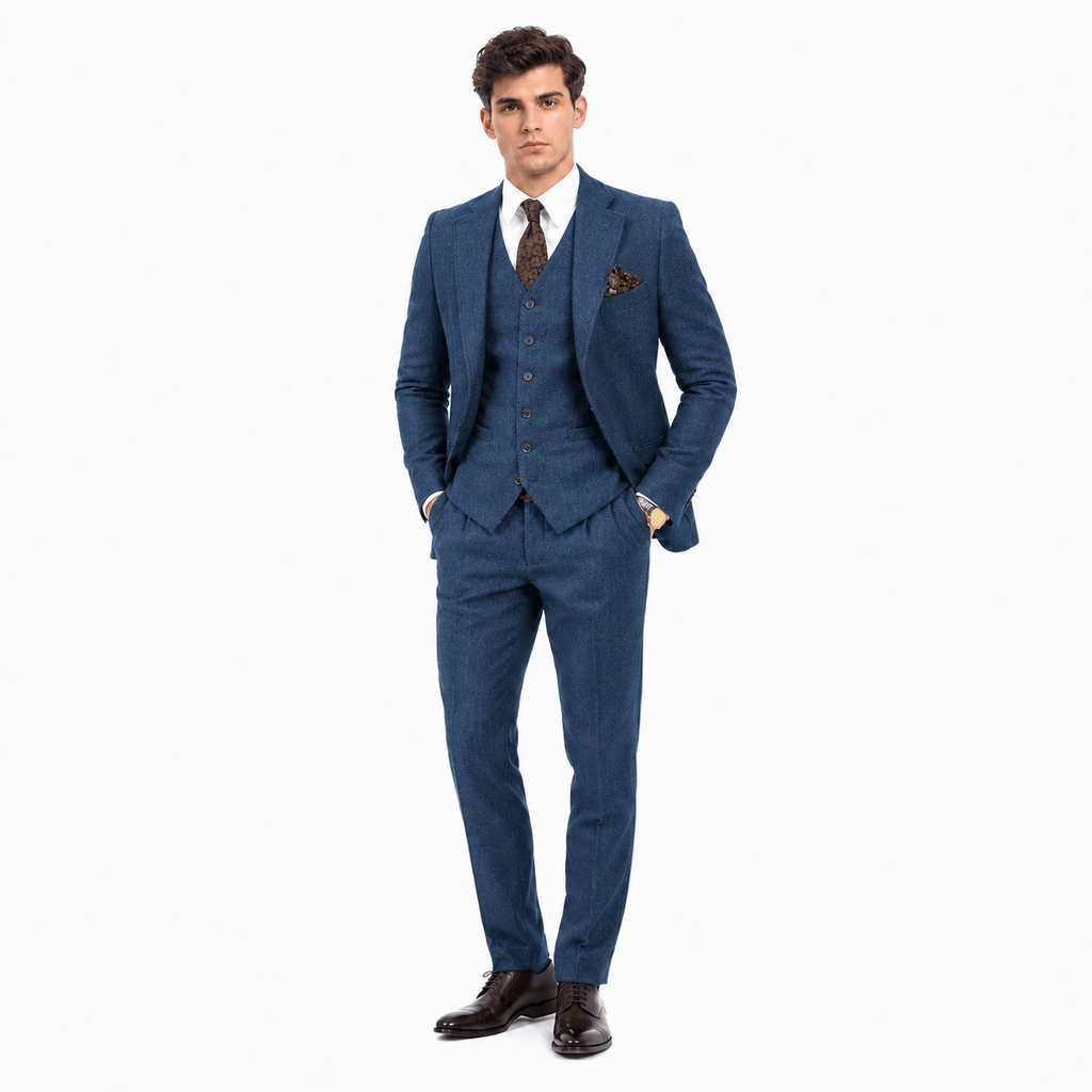 Tiavllya Tiavllya Vintage Classical 3 Pieces Mens Suit Herringbone Tweed Notch Lapel Tuxedos (Blazer+vest+Pants)