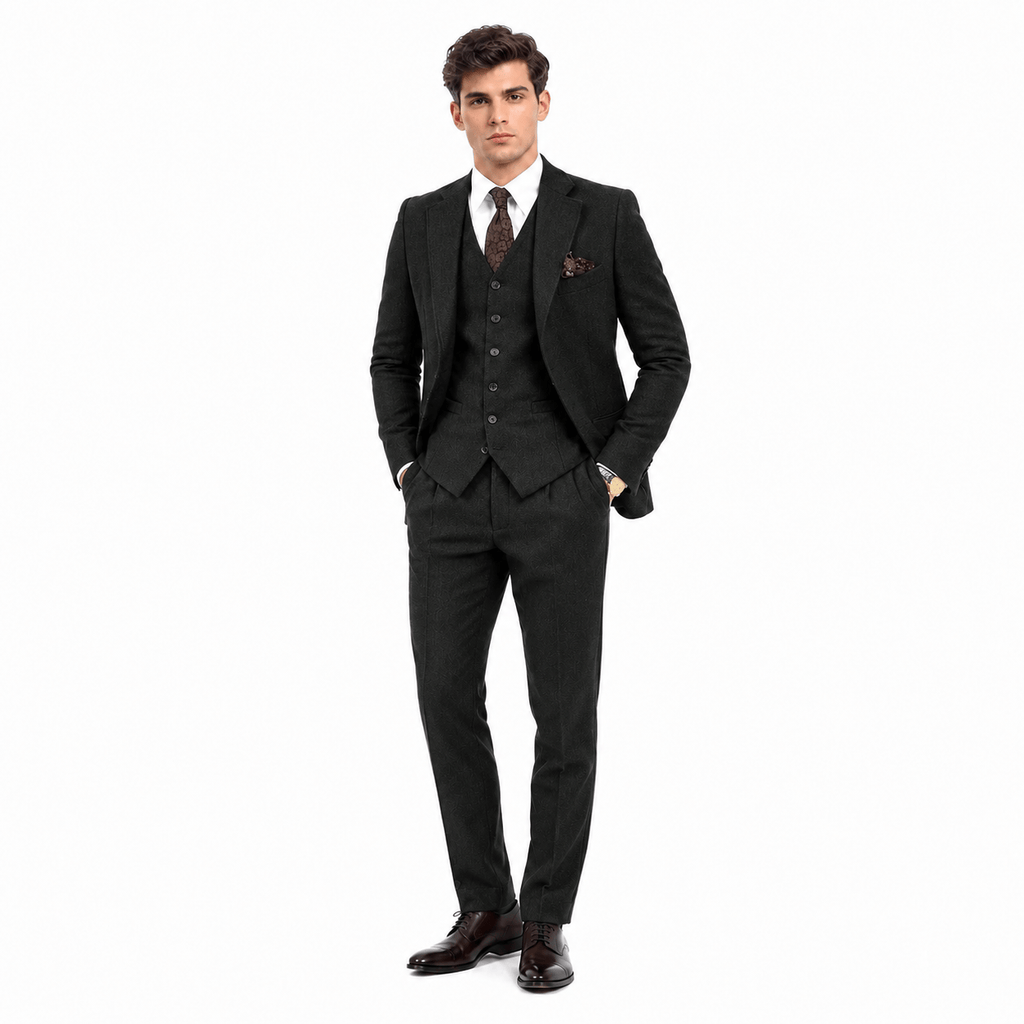 Tiavllya Tiavllya Vintage Classical 3 Pieces Mens Suit Herringbone Tweed Notch Lapel Tuxedos (Blazer+vest+Pants)