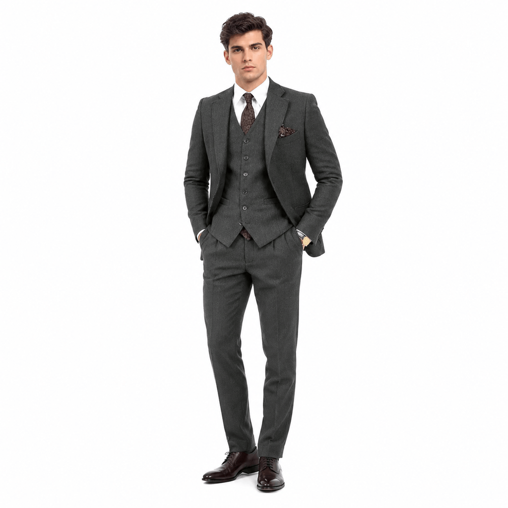 Tiavllya Tiavllya Vintage Classical 3 Pieces Mens Suit Herringbone Tweed Notch Lapel Tuxedos (Blazer+vest+Pants)