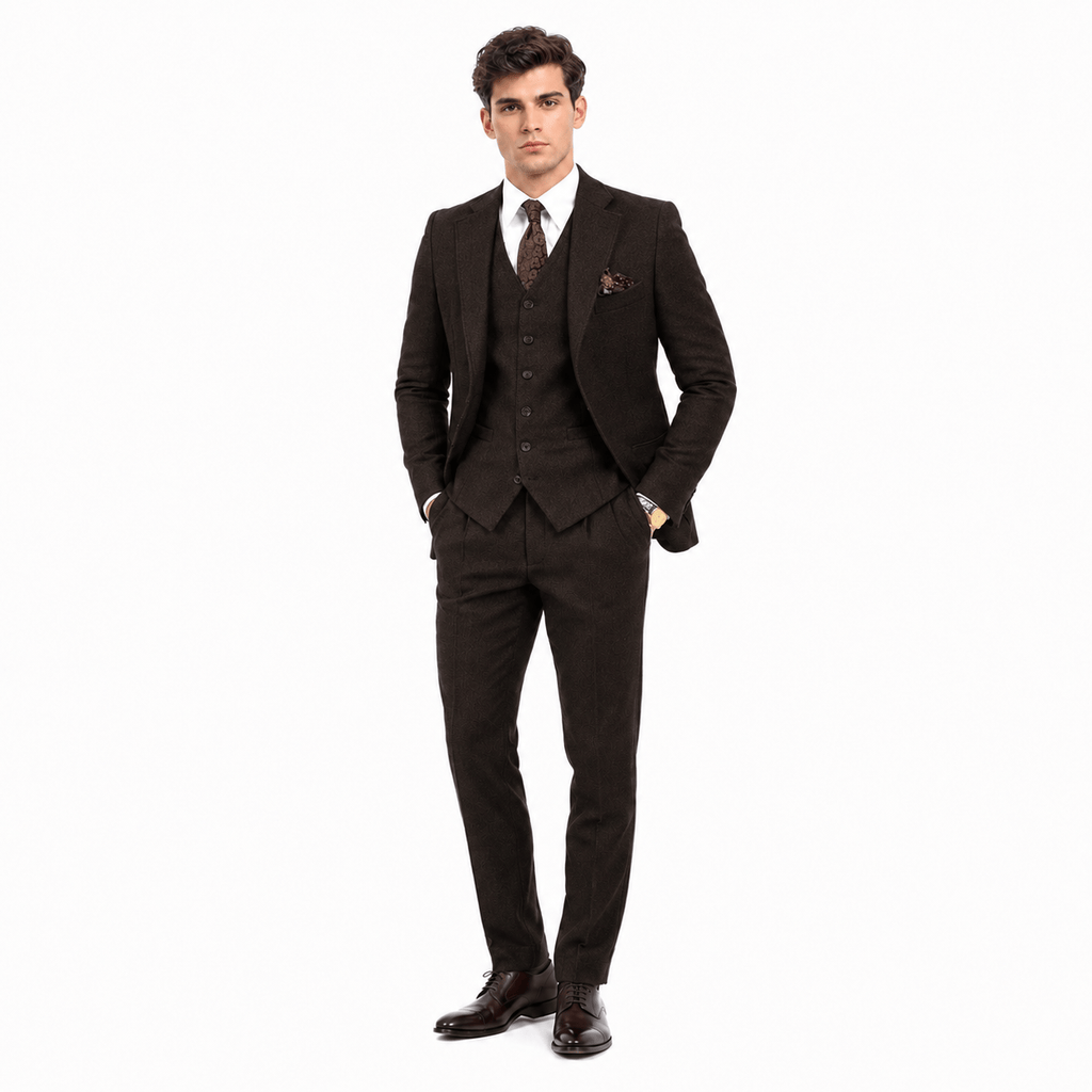 Tiavllya Tiavllya Vintage Classical 3 Pieces Mens Suit Herringbone Tweed Notch Lapel Tuxedos (Blazer+vest+Pants)