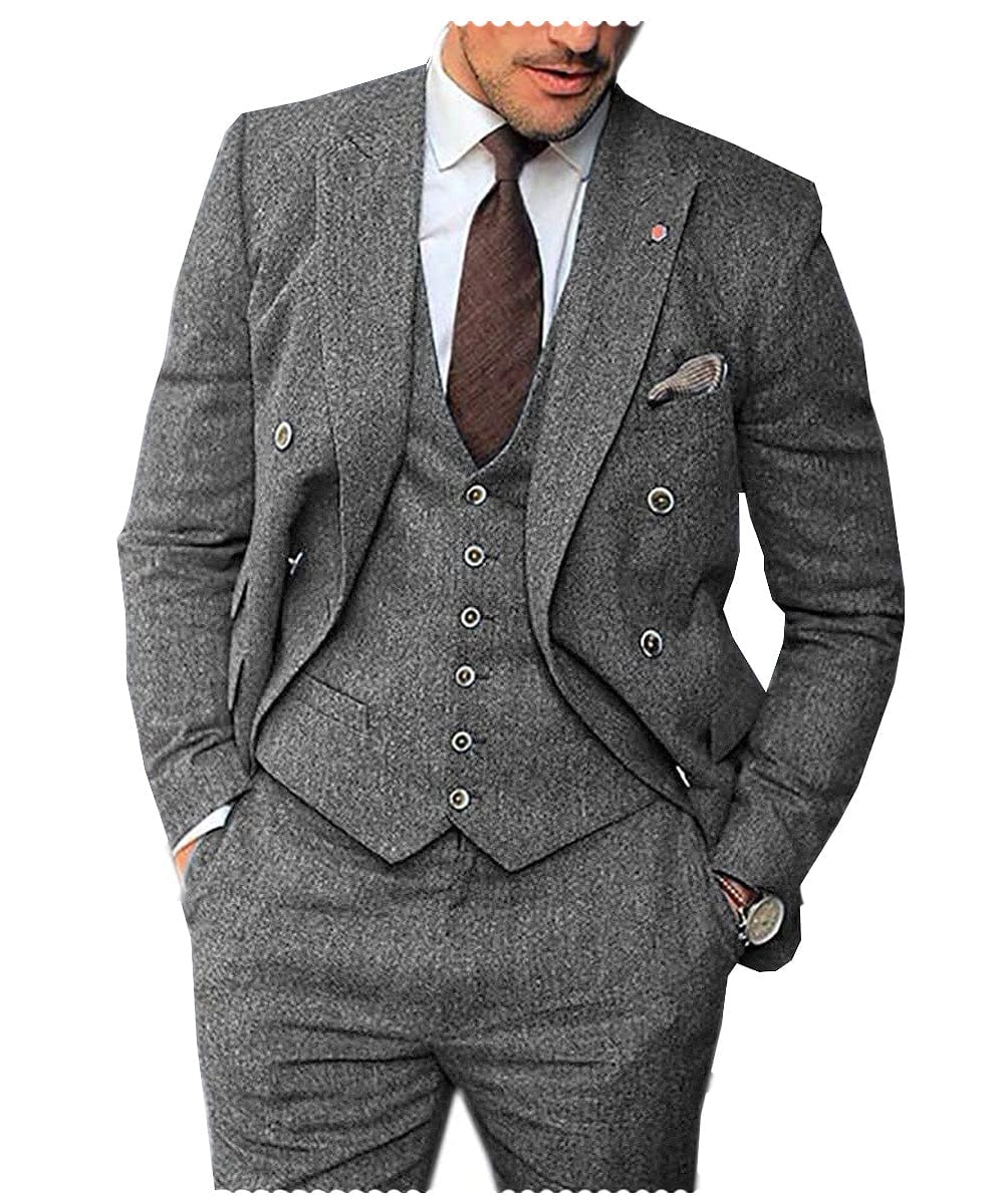 Tiavllya Tiavllya Vintage Classical Men's 3 Piece Suit Herringbone Tweed Notch Lapel Tuxedos (Blazer+vest+Pants)