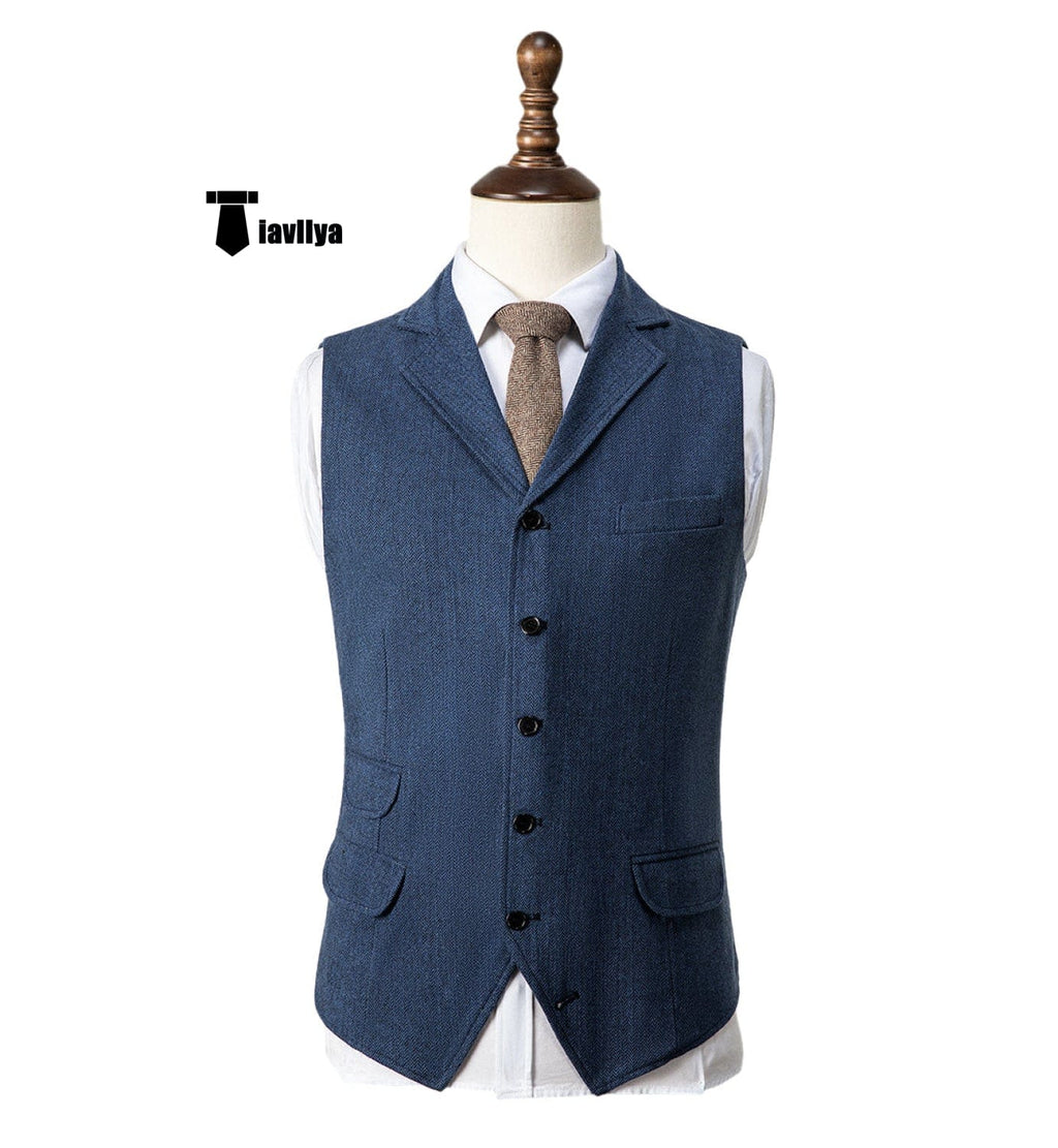 Tiavllya Tiavllya Vintage Classical Men's Classic Tweed Herringbone Notch Lapel Waistcoat