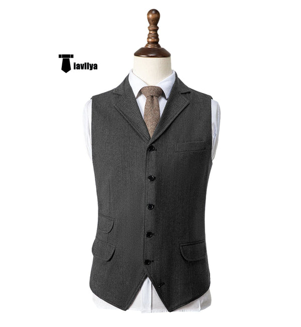 Tiavllya Tiavllya Vintage Classical Men's Classic Tweed Herringbone Notch Lapel Waistcoat