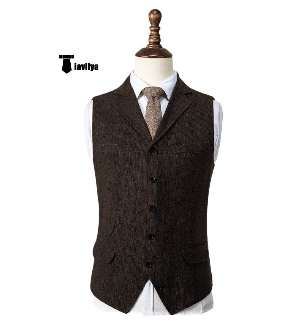 Tiavllya Tiavllya Vintage Classical Men's Classic Tweed Herringbone Notch Lapel Waistcoat