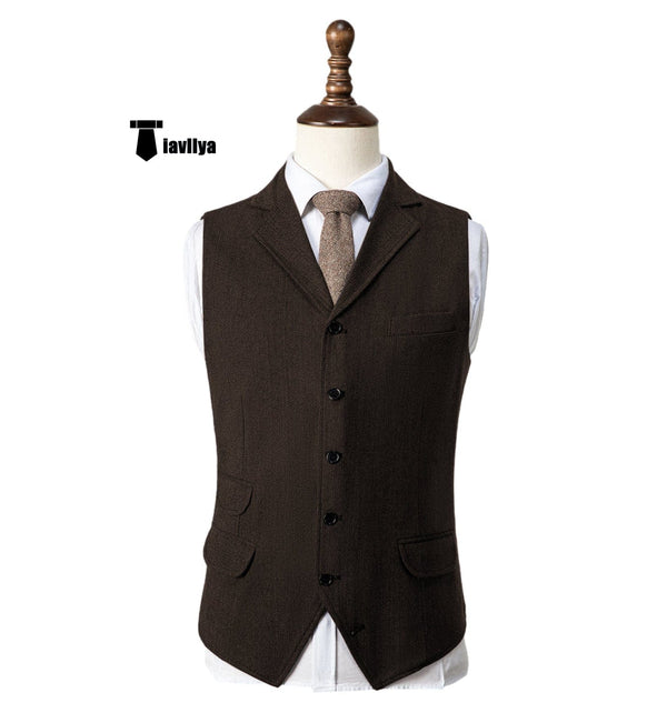 Tiavllya Tiavllya Vintage Classical Men's Classic Tweed Herringbone Notch Lapel Waistcoat