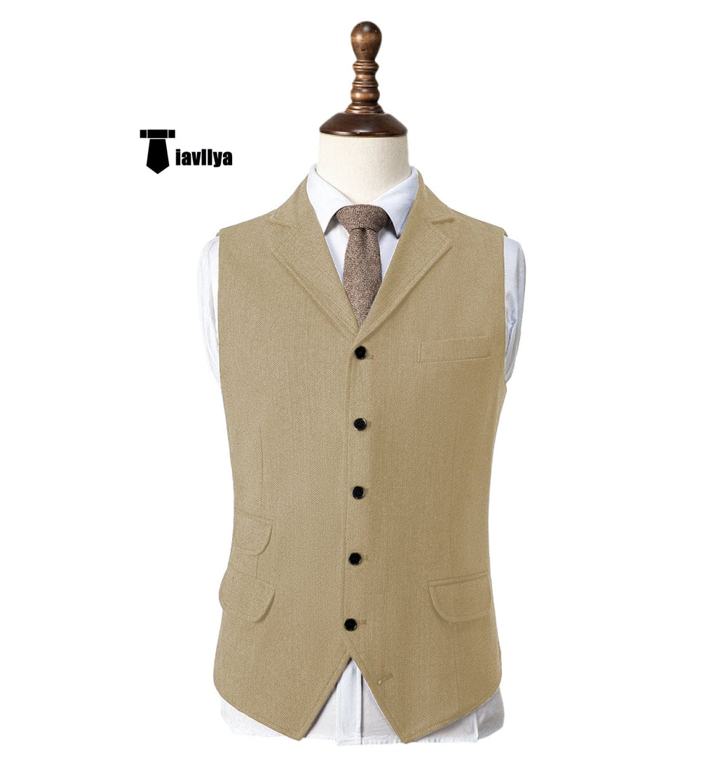Tiavllya Tiavllya Vintage Classical Men's Classic Tweed Herringbone Notch Lapel Waistcoat