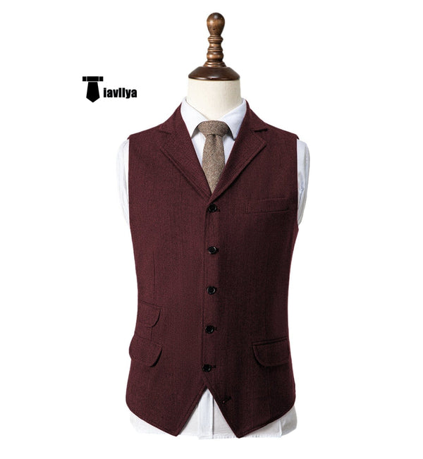 Tiavllya Tiavllya Vintage Classical Men's Classic Tweed Herringbone Notch Lapel Waistcoat
