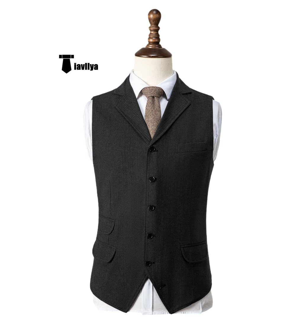 Tiavllya Tiavllya Vintage Classical Men's Classic Tweed Herringbone Notch Lapel Waistcoat