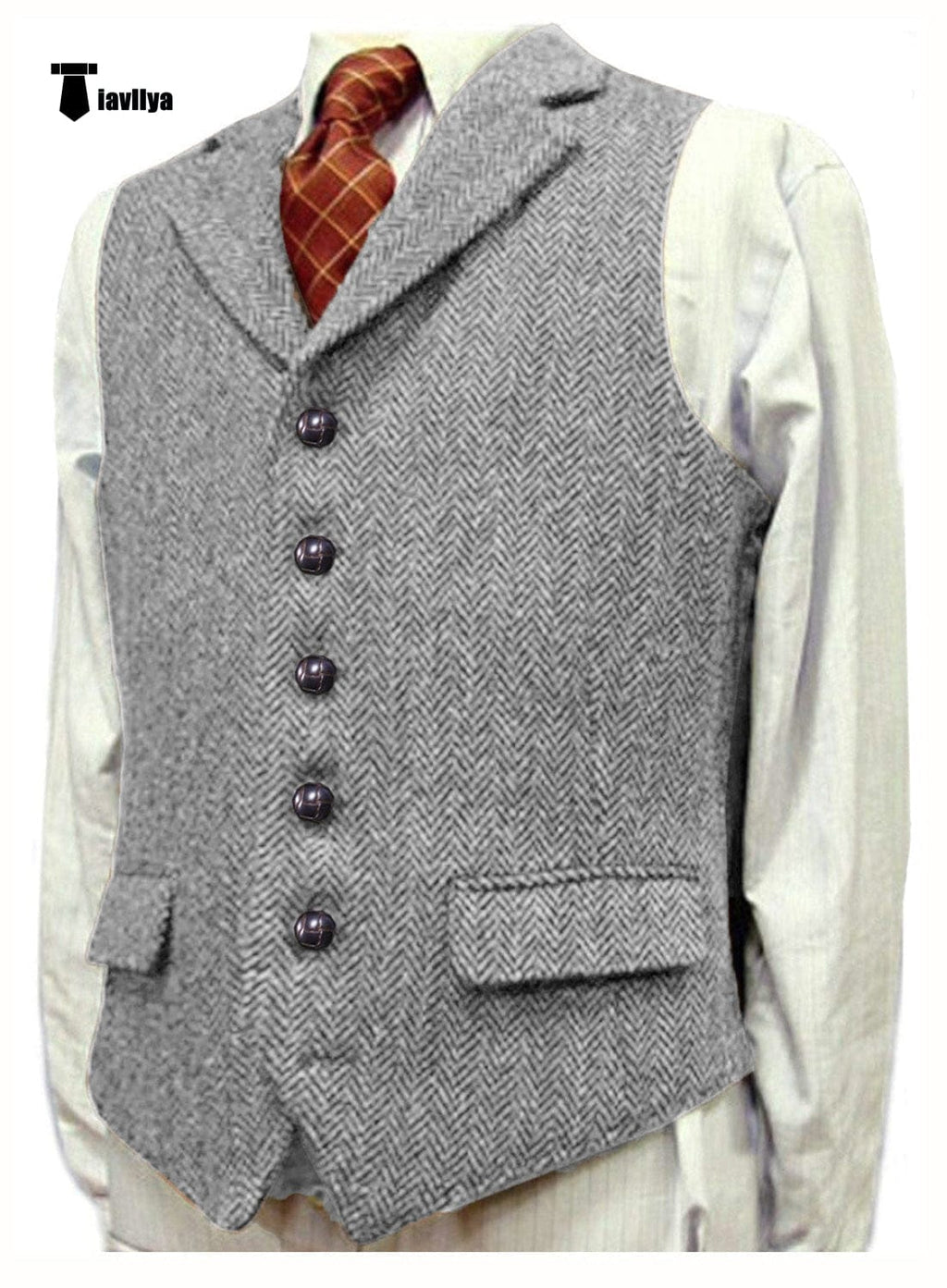 Tiavllya Tiavllya Vintage Classical Men's Classic Tweed Herringbone Notch Lapel Waistcoat