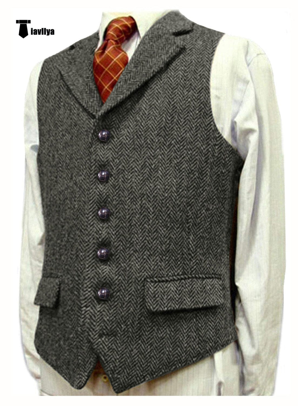 Tiavllya Tiavllya Vintage Classical Men's Classic Tweed Herringbone Notch Lapel Waistcoat