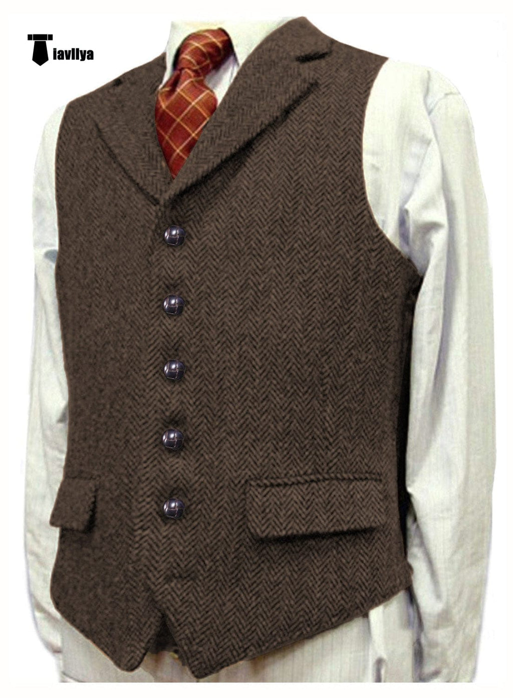 Tiavllya Tiavllya Vintage Classical Men's Classic Tweed Herringbone Notch Lapel Waistcoat