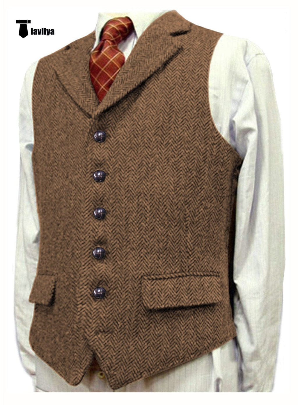 Tiavllya Tiavllya Vintage Classical Men's Classic Tweed Herringbone Notch Lapel Waistcoat