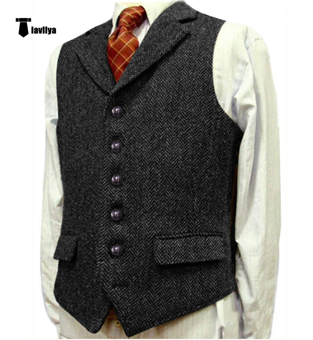 Tiavllya Tiavllya Vintage Classical Men's Classic Tweed Herringbone Notch Lapel Waistcoat