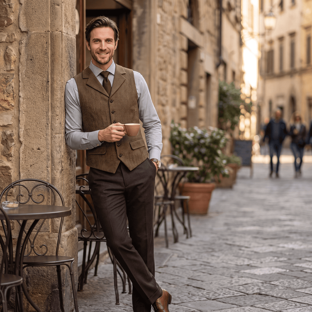 Tiavllya Tiavllya Vintage Classical Men's Classic Tweed Herringbone Notch Lapel Waistcoat