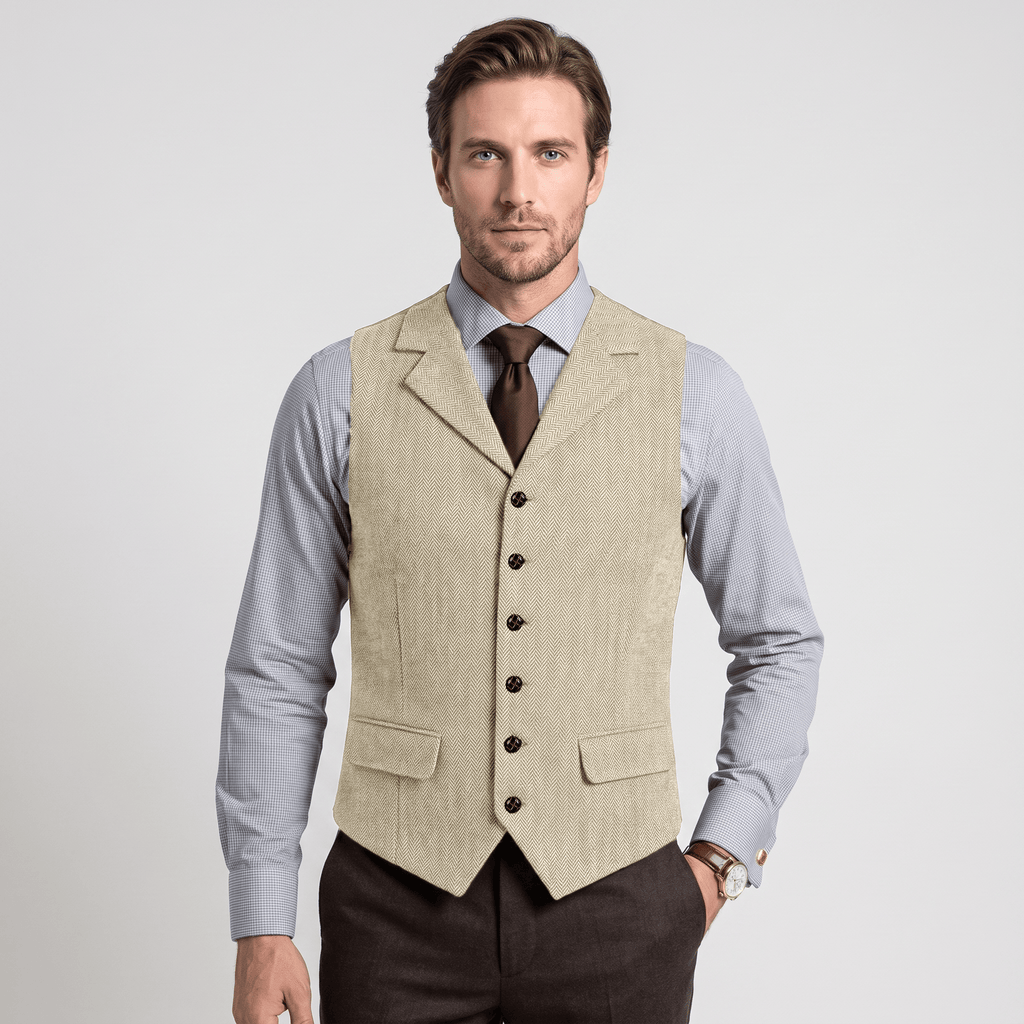 Tiavllya Tiavllya Vintage Classical Men's Classic Tweed Herringbone Notch Lapel Waistcoat