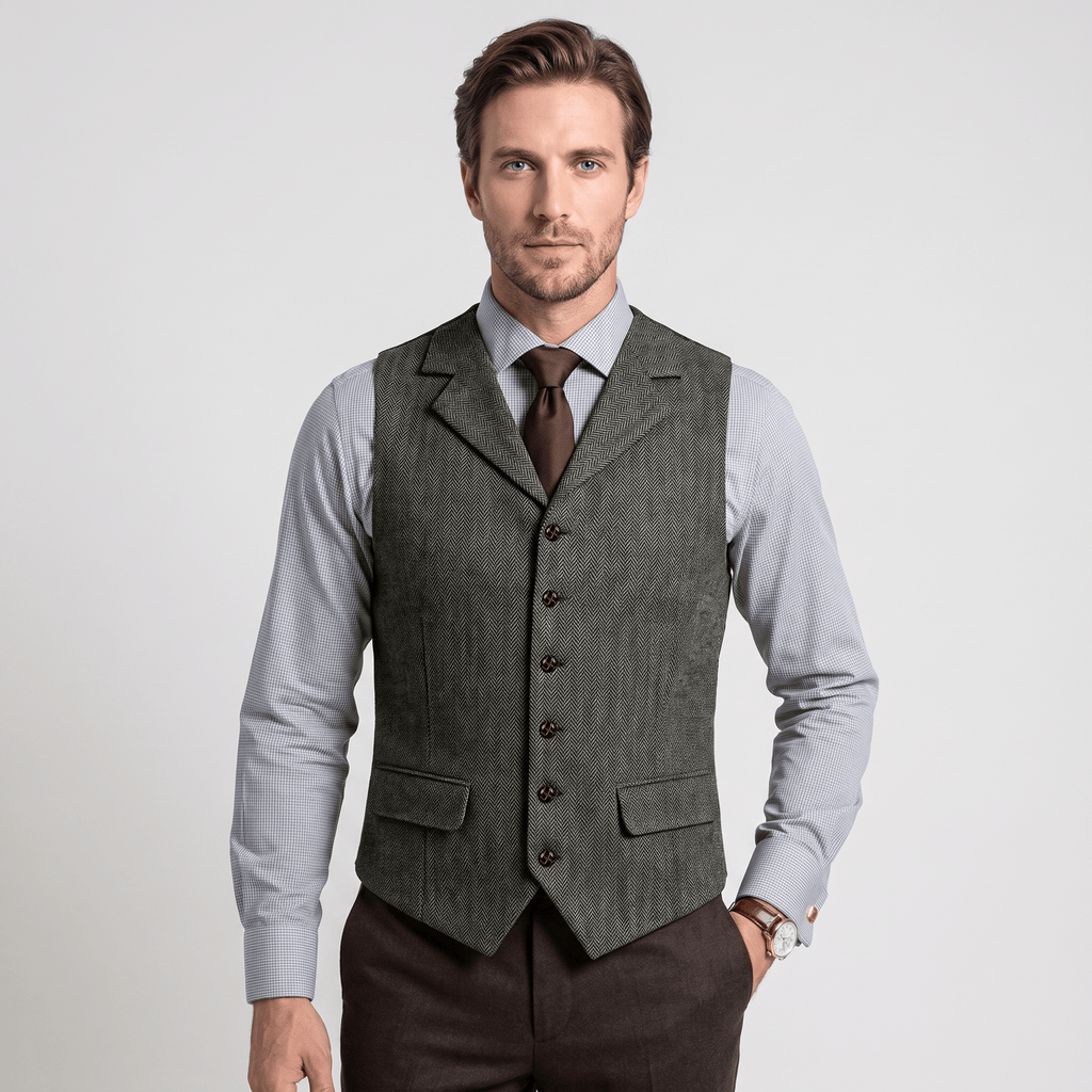 Tiavllya Tiavllya Vintage Classical Men's Classic Tweed Herringbone Notch Lapel Waistcoat