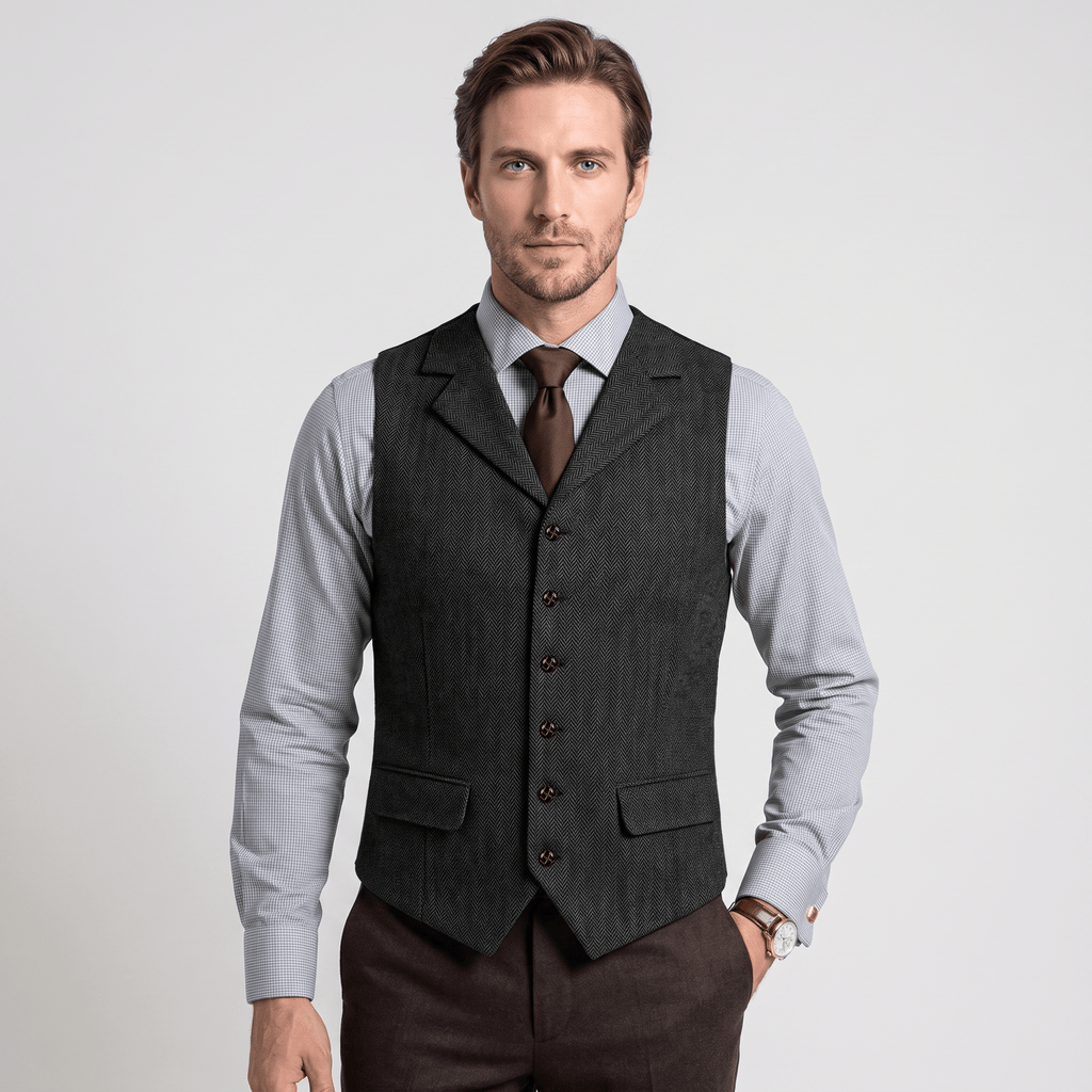 Tiavllya Tiavllya Vintage Classical Men's Classic Tweed Herringbone Notch Lapel Waistcoat