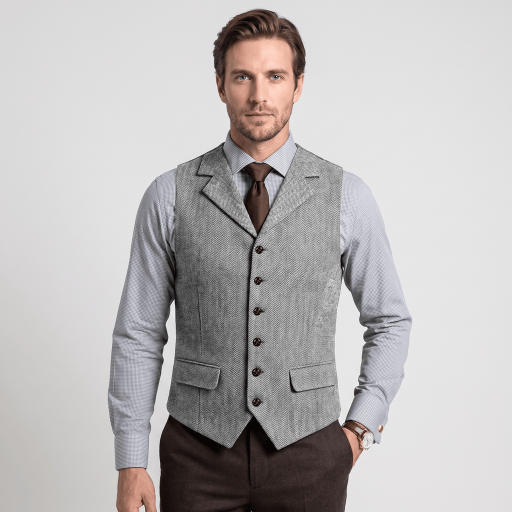 Tiavllya Tiavllya Vintage Classical Men's Classic Tweed Herringbone Notch Lapel Waistcoat