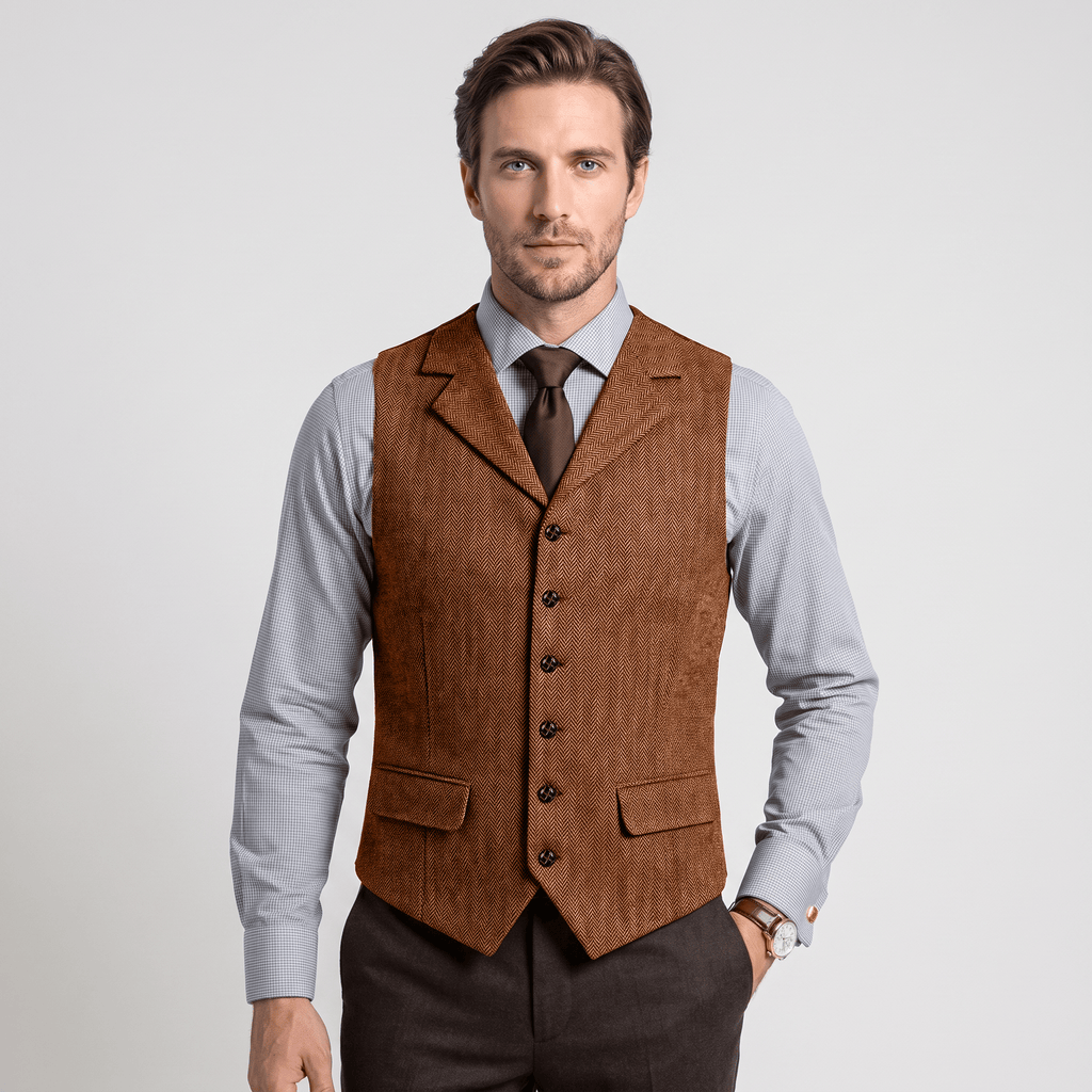 Tiavllya Tiavllya Vintage Classical Men's Classic Tweed Herringbone Notch Lapel Waistcoat