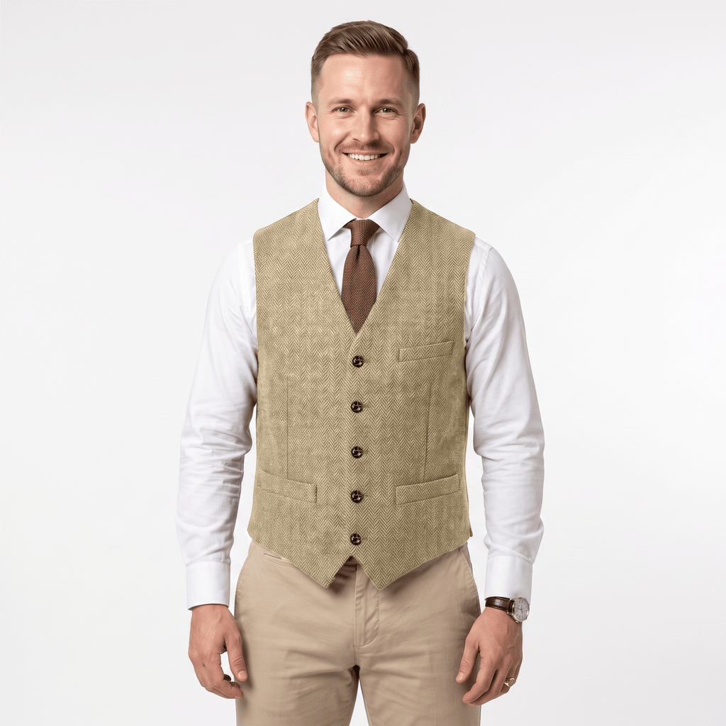 Tiavllya Tiavllya Vintage Classical Men's Regular Fit Tweed Herringbone V Neck Waistcoat