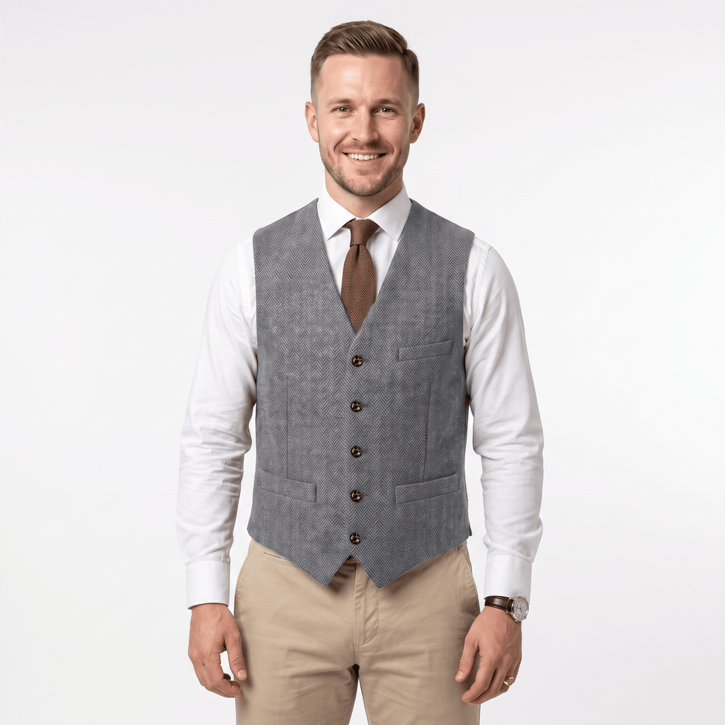 Tiavllya Tiavllya Vintage Classical Men's Regular Fit Tweed Herringbone V Neck Waistcoat