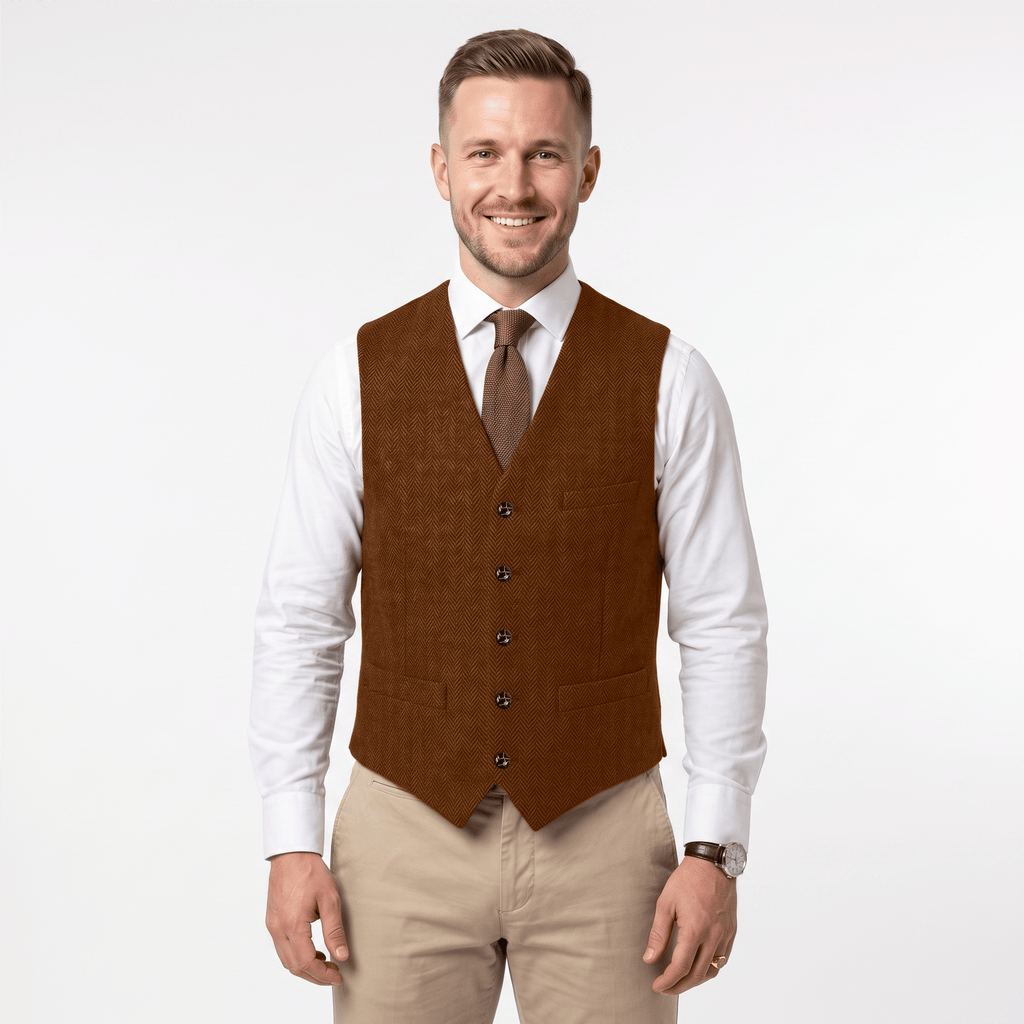 Tiavllya Tiavllya Vintage Classical Men's Regular Fit Tweed Herringbone V Neck Waistcoat
