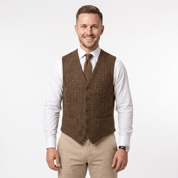 Tiavllya Tiavllya Vintage Classical Men's Regular Fit Tweed Herringbone V Neck Waistcoat