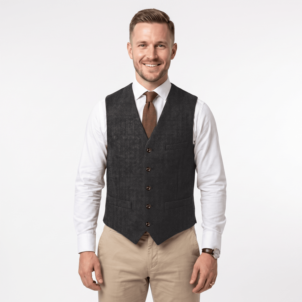 Tiavllya Tiavllya Vintage Classical Men's Regular Fit Tweed Herringbone V Neck Waistcoat