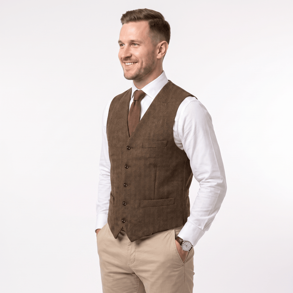 Tiavllya Tiavllya Vintage Classical Men's Regular Fit Tweed Herringbone V Neck Waistcoat