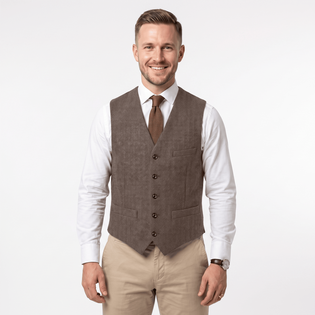 Tiavllya Tiavllya Vintage Classical Men's Regular Fit Tweed Herringbone V Neck Waistcoat