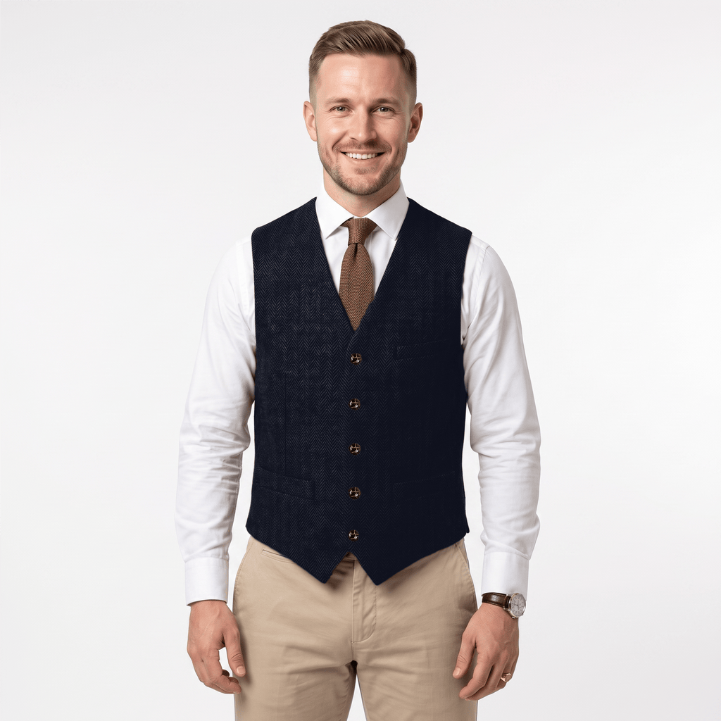 Tiavllya Tiavllya Vintage Classical Men's Regular Fit Tweed Herringbone V Neck Waistcoat