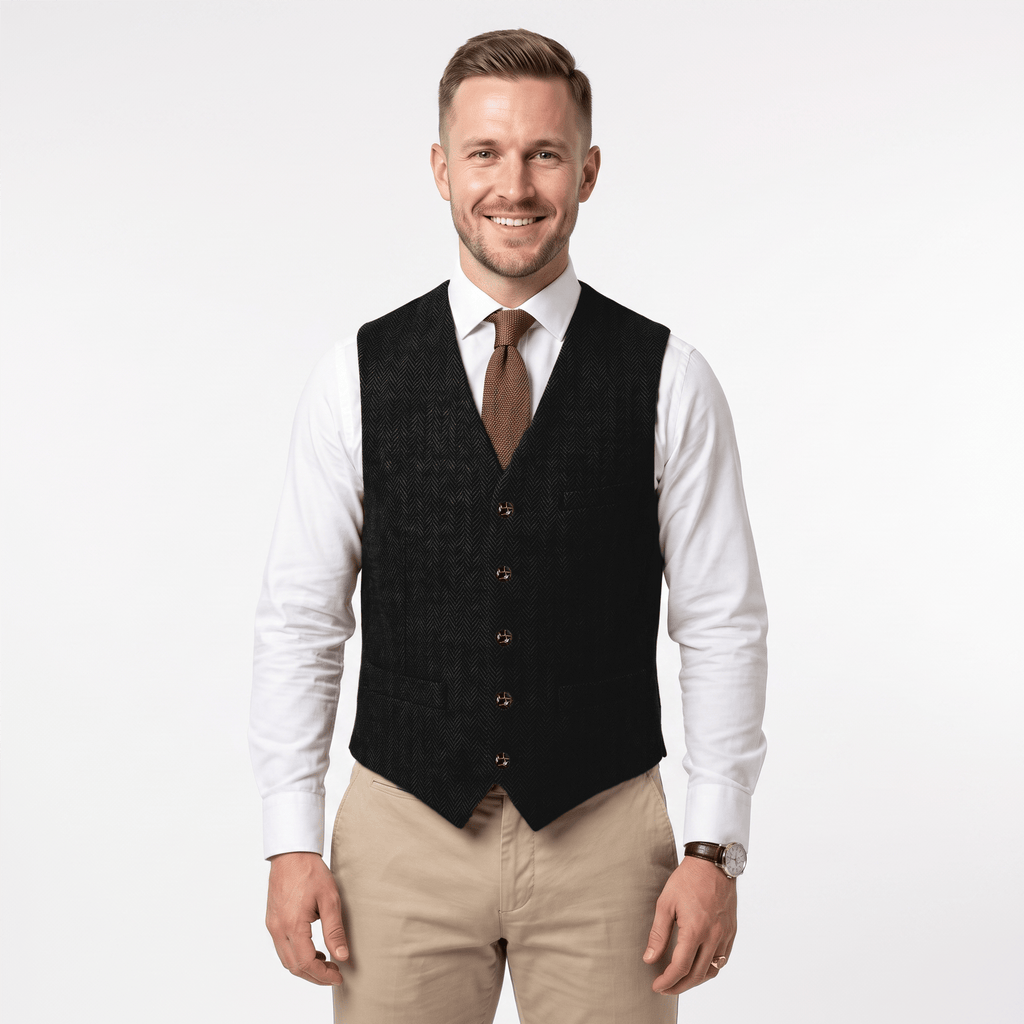 Tiavllya Tiavllya Vintage Classical Men's Regular Fit Tweed Herringbone V Neck Waistcoat