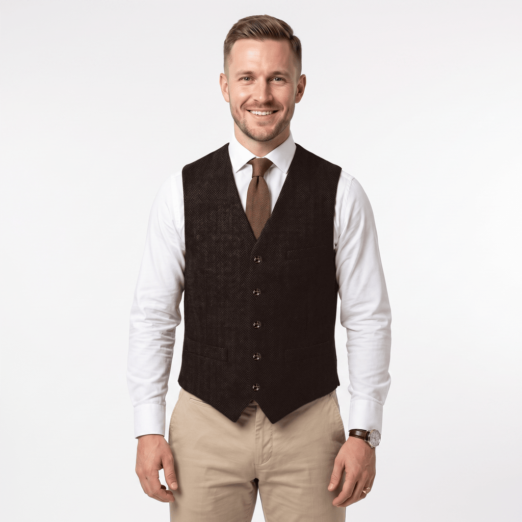 Tiavllya Tiavllya Vintage Classical Men's Regular Fit Tweed Herringbone V Neck Waistcoat