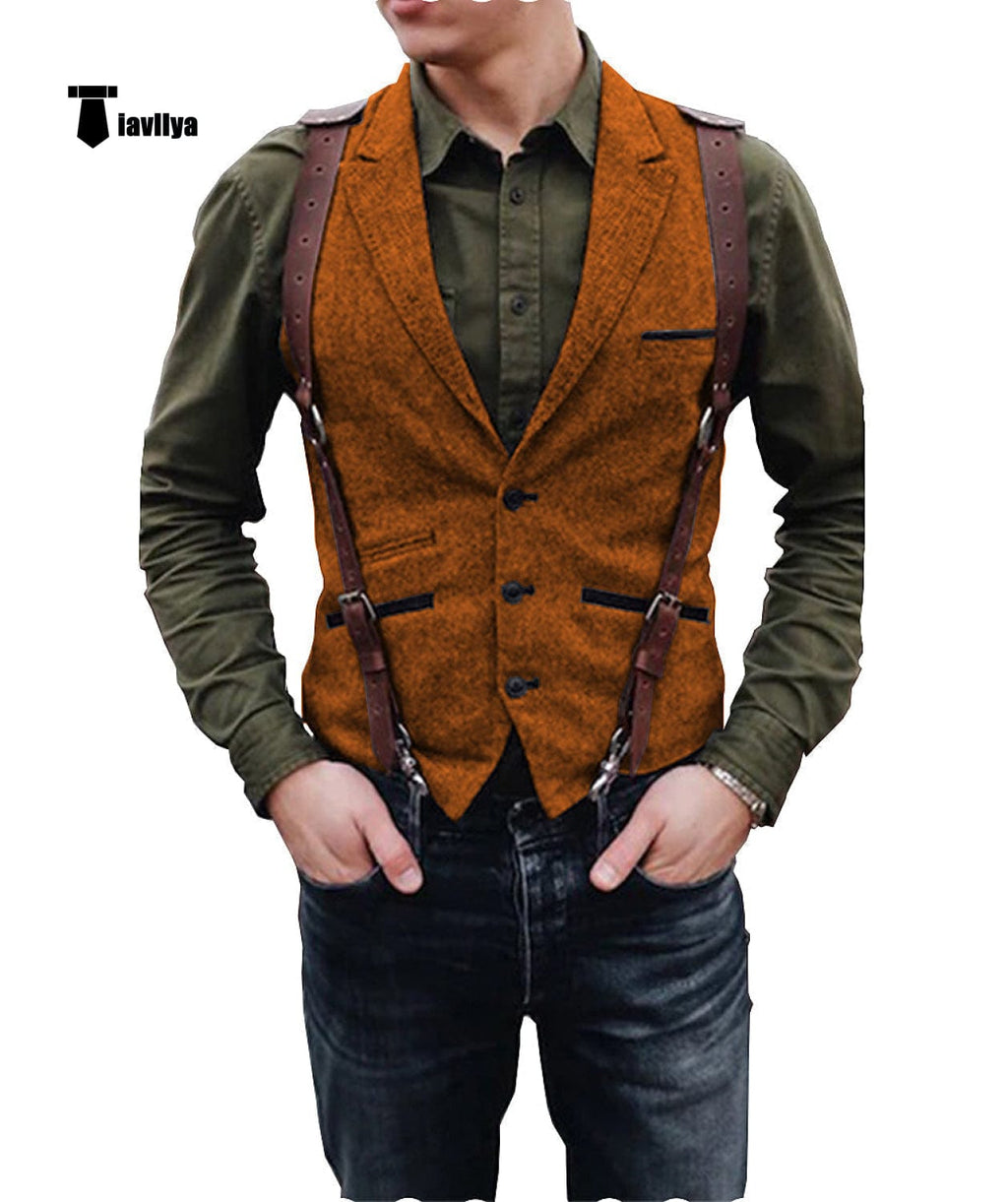 Tiavllya Tiavllya Vintage Classical Men's Retro Tweed Herringbone Notch Lapel Waistcoat