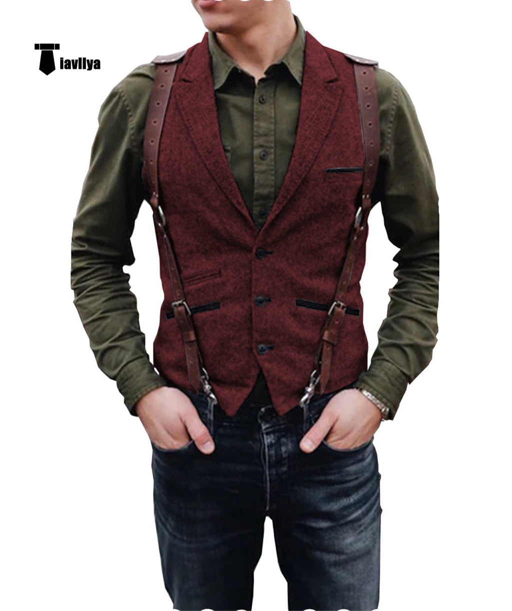 Tiavllya Tiavllya Vintage Classical Men's Retro Tweed Herringbone Notch Lapel Waistcoat
