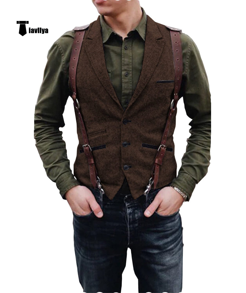 Tiavllya Tiavllya Vintage Classical Men's Retro Tweed Herringbone Notch Lapel Waistcoat
