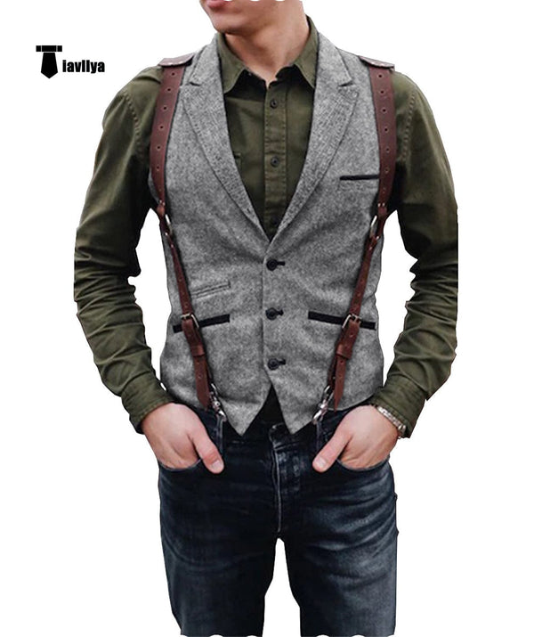 Tiavllya Tiavllya Vintage Classical Men's Retro Tweed Herringbone Notch Lapel Waistcoat