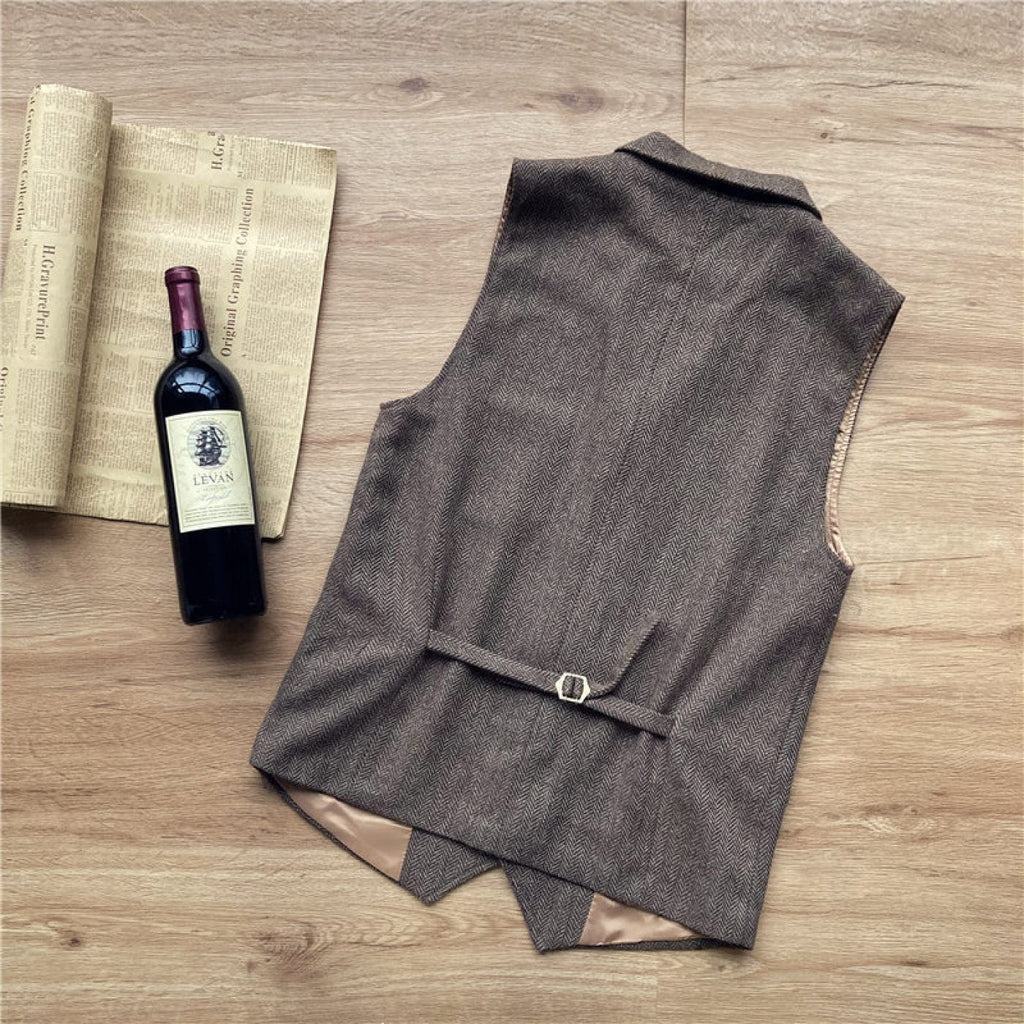 Tiavllya Tiavllya Vintage Classical Men's Retro Tweed Herringbone Notch Lapel Waistcoat