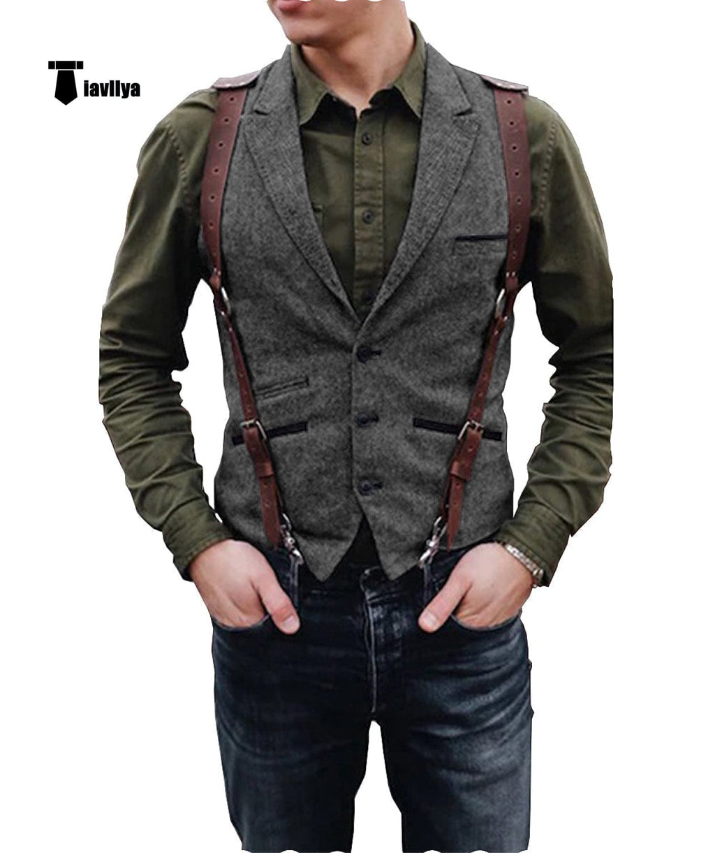 Tiavllya Tiavllya Vintage Classical Men's Retro Tweed Herringbone Notch Lapel Waistcoat
