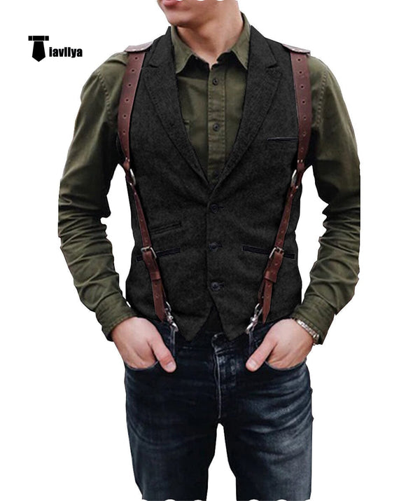 Tiavllya Tiavllya Vintage Classical Men's Retro Tweed Herringbone Notch Lapel Waistcoat