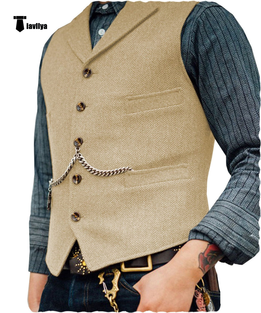 Tiavllya Tiavllya Vintage Classical Men's Slim Fit Tweed Herringbone Waistcoat