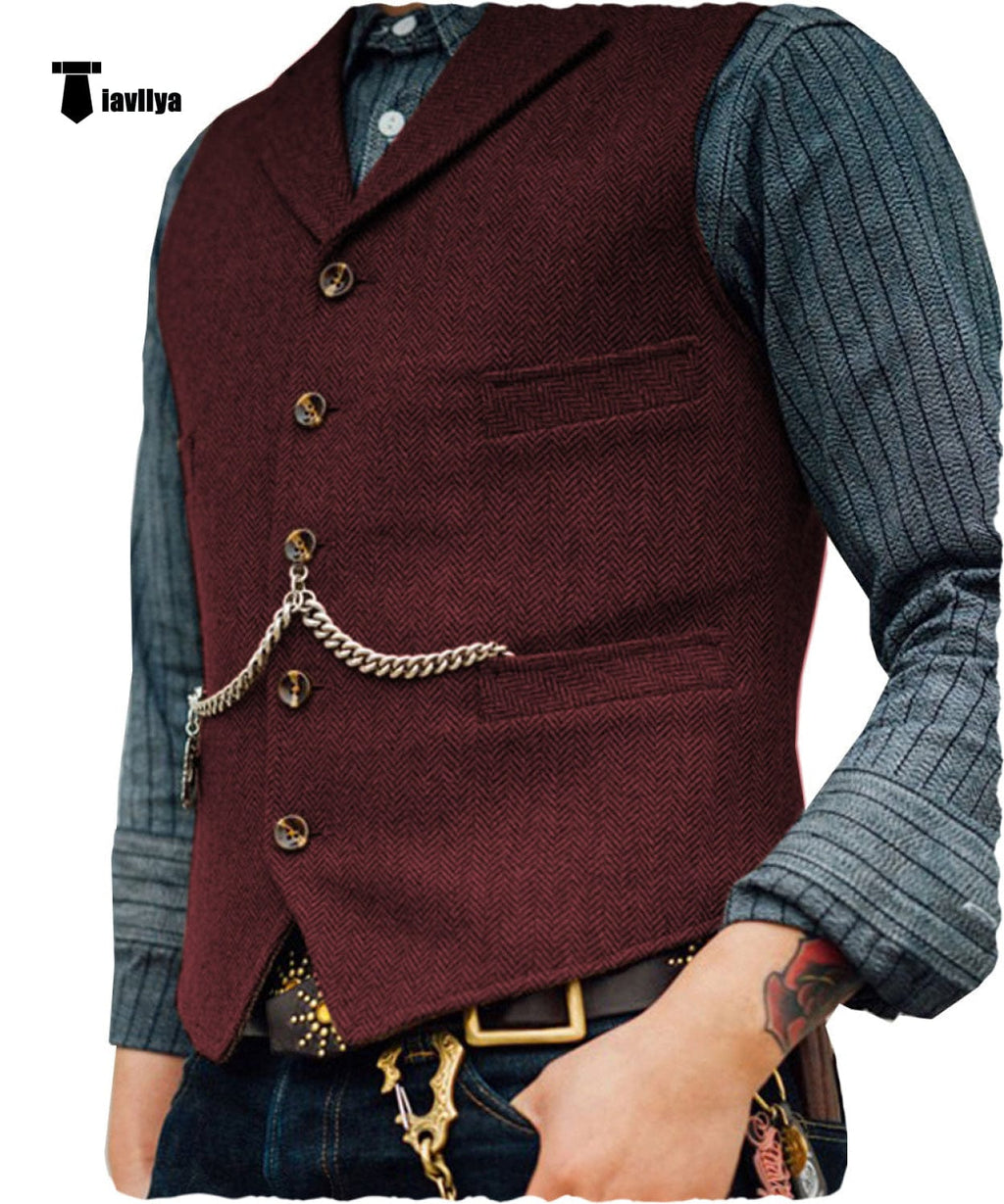 Tiavllya Tiavllya Vintage Classical Men's Slim Fit Tweed Herringbone Waistcoat