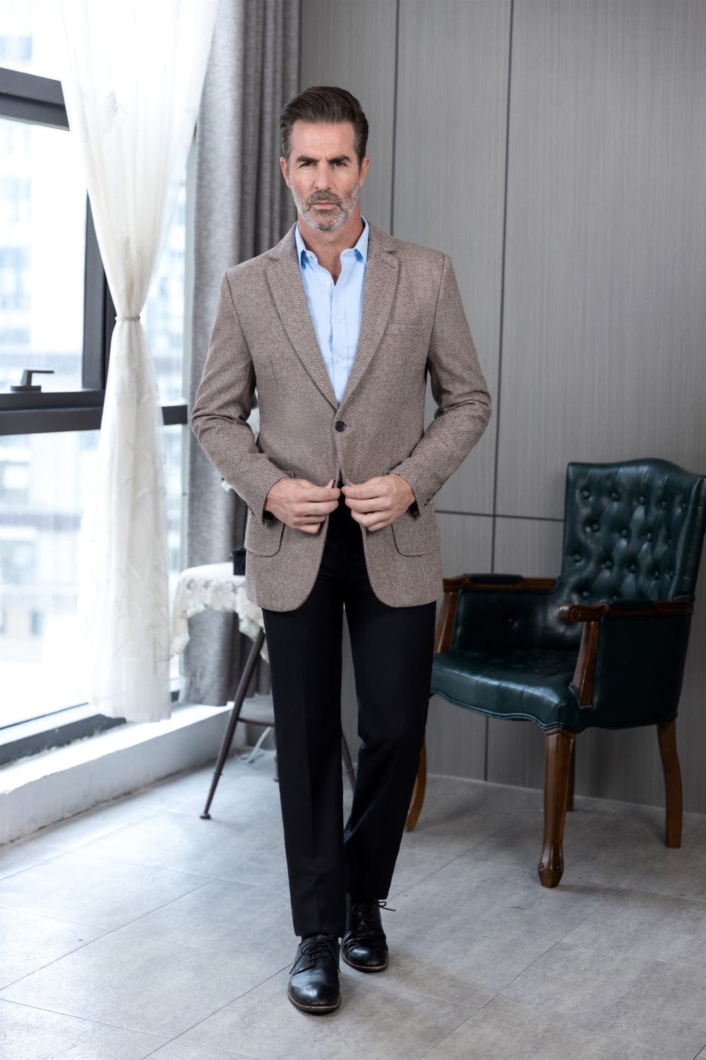 Tiavllya Tiavllya Vintage Classical Men's Wool Herringbone Notch Lapel Blazer