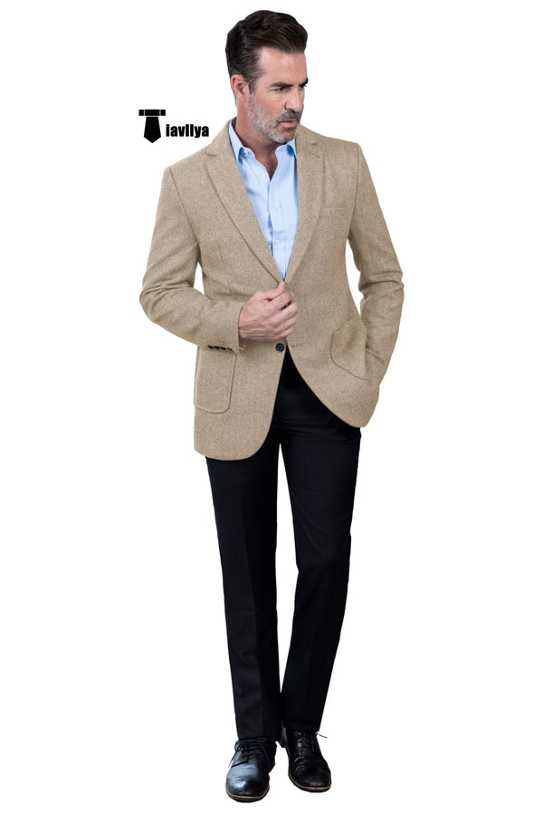Tiavllya Tiavllya Vintage Classical Men's Wool Herringbone Notch Lapel Blazer