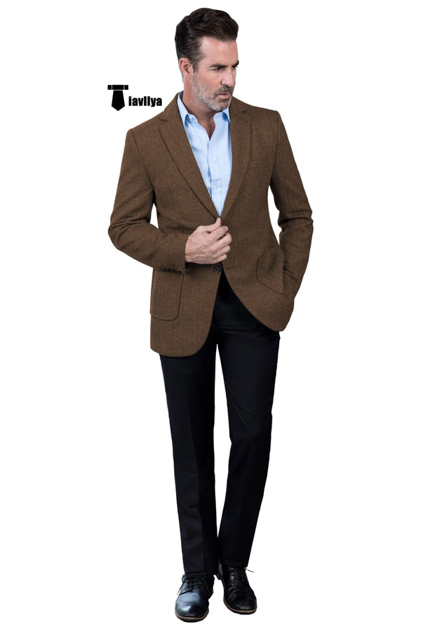 Tiavllya Tiavllya Vintage Classical Men's Wool Herringbone Notch Lapel Blazer